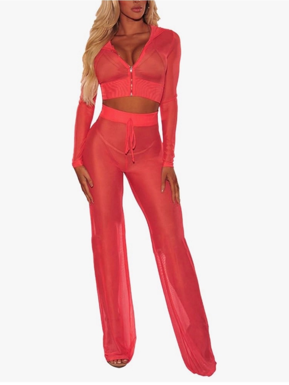 Sheer Zip-Front Crop Top & Wide-Leg Pants Set - Red